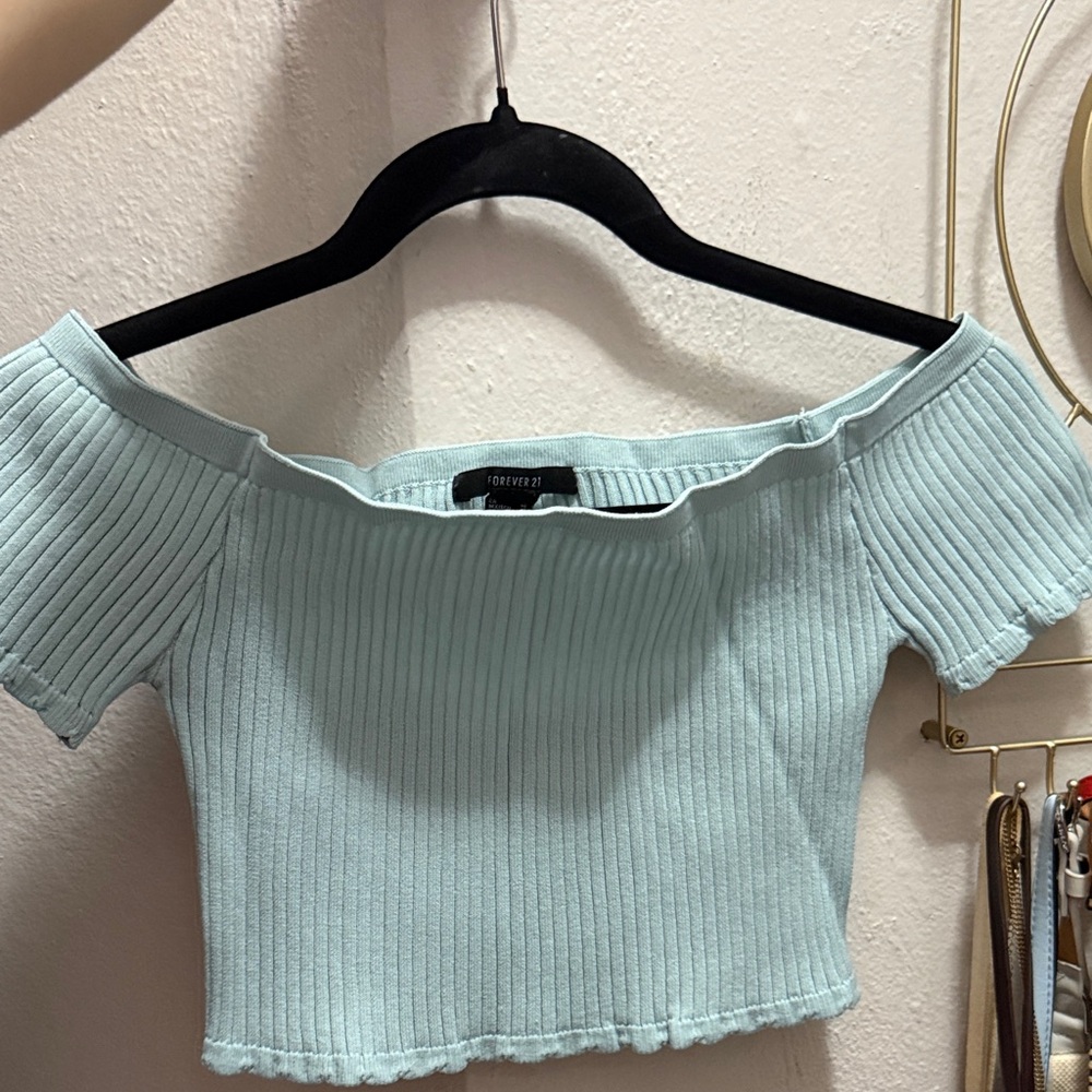 Forever 21 Sky Blue Off-Shoulder Crop Top
